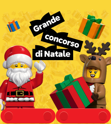 Creatività del Grande Concorso di Natale LEGO: personaggi natalizi LEGO con pacchi regalo e scritta «Grande Concorso di Natale».