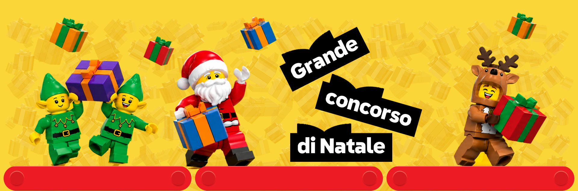 Creatività del Grande Concorso di Natale LEGO: personaggi natalizi LEGO con pacchi regalo e scritta «Grande Concorso di Natale».
